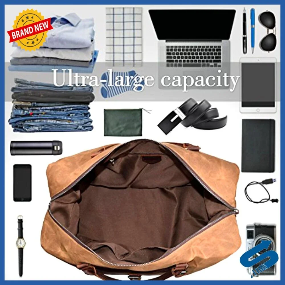 Oversized Travel Duffel Bag Waterproof Canvas Genuine Leather Weekender Carryon